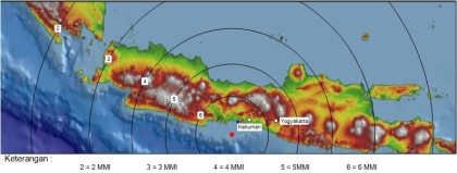Gambar 4. Peta sederhana tentang intensitas getaran teoritik yang bisa ditimbulkan oleh Gempa Kebumen 25 Januari 2014 dalam skala MMI (Modified Mercalli Intensity). Sumber: Sudibyo, 2014. 