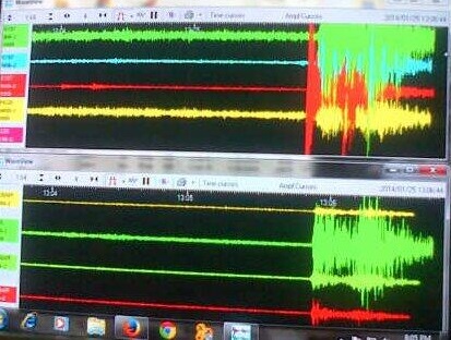 Gambar 2. Rekaman salah satu gempa susulan dalam Gempa Kebumen 25 Januari 2014 yang tercatat dalam stasiun seismometer broadband di Pos Pengamatan Gunung Merapi. Sumber: BPPTKG, 2014. 