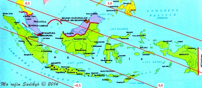 Gambar 3. Peta tinggi Bulan di Indonesia pada Jumat senja 27 Juni 2014. Sumber: Sudibyo, 2014. 