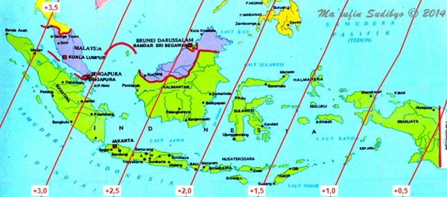 Gambar 2. Peta umur Bulan di Indonesia pada Jumat senja 27 Juni 2014. Sumber: Sudibyo, 2014. 
