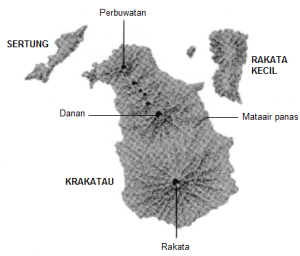 Gambar 2. Topografi pulau Krakatau hanya dua minggu sebelum lenyap dalam puncak letusan dahsyatnya, berdasarkan data-data pengukuran Kapten Firzenaar pada 11 Agustus 1883. Sumber: Carayannis, 2010. 