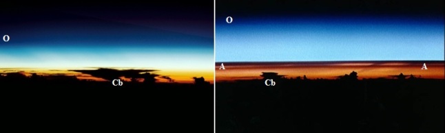 Gambar 5. Dramatisnya perbedaan panorama atmosfer Bumi pasca letusan dahsyat gunung berapi (kanan) dibanding saat normal (kiri) saat diabadikan melalui pesawat ulang-alik. O = lapisan ozon dan Cb = puncak awan cumulonimbus (awan hujan). Pada saat "kotor", nampak terlihat aerosol sulfat (A) yang membentuk lapisan ganda di bawah lapisan ozon, jauh di dalam stratosfer. Aerosol sulfat ini tembus pandang, namun berkemampuan besar menghalangi sinar Matahari yang seharusnya diteruskan ke Bumi hingga persentase tertentu. Sumber: NASA, 1992 & 1997. 
