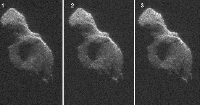 Gambar 7. Tiga sekuens wajah asteroid 2014 HQ124 seperti diabadikan oleh Teleskop Radio Arecibo bersama dengan Teleskop Radio Goldstone dengan gelombang radar dari sudut pandang yang berbeda-beda seiring rotasinya. Nampak cekungan besar (diameter  100 meter) yang adalah jejak yang tersisa dari benturan asteroid ini dengan benda langit lain nun jauh di masa purba. Sumber: Arecibo Observatory, 2014. 