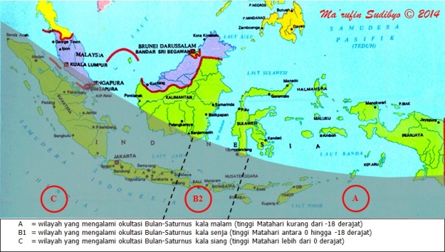 Gambar 3. Peta kawasan umbra untuk peristiwa okultasi Saturnus oleh Bulan pada 4 Agustus 2014 untuk Indonesia. Sumber: Sudibyo, 2014 dengan data dari LunarOccultations.com