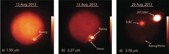 Gambar 3. Tiga letusan mirip Letusan Krakatau 1883 di Io sepanjang 15 hingga 29 Agustus 2013. Kiri: letusan Rarog Patera, diobservasi teleskop Keck II pada panjang gelombang 1,59 mikron. Tengah: letusan Rarog Patera dan Heno Patera, diobservasi teleskop Keck II pada panjang gelombang 2,27 mikron. Dan kanan: letusan 201308C dan Rarog Patera, diobservasi teleskop IRTF NASA pada panjang gelombang 3,78 mikron. Nampak bahwa letusan 201308C adalah yang terbesar, diikuti letusan Rarog Patera dan kemudian Heno Patera. Saat 201308C meletus dahsyat, letusan di Rarog Patera dan Heno Patera sudah berakhir. Sumber: NASA & Keck II Observatory, 2014. 