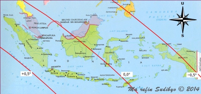 Gambar 2. Peta tinggi Bulan di Indonesia pada saat Matahari terbenam Rabu 24 September 2014. Nampak bahwa Indonesia dibelah oleh garis nol (garis yang menunjukkan tinggi Bulan sama dengan nol derajat). Sumber: Sudibyo, 2014. 