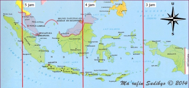 Gambar 3. Peta umur Bulan (selisih antara saat konjungsi Bulan-Matahari geosentris dengan terbenamnya Matahari setempat) di Indonesia pada saat Matahari terbenam Rabu 24 September 2014. Sumber: Sudibyo, 2014. 