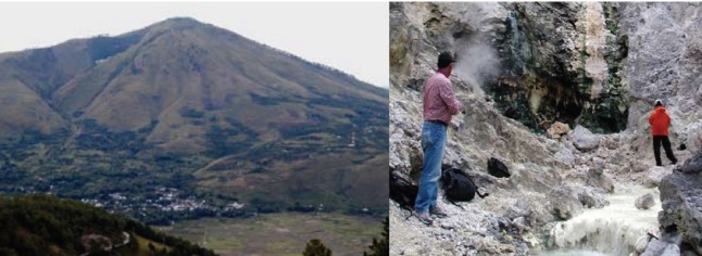 Gambar 9. Panorama Gunung Pusukbukit (kiri), salah satu gunung berapi yang terbentuk jauh hari setelah Letusan Toba Muda, tepatnya kala kantung magma raksasa Gunung Toba mulai terisi kembali. Ada beberapa titik fumarol di gunung ini, salah satunya di lereng utaranya (kanan). Sumber: Sutawidjaja, 2008 dalam Warta Geologi, 2008. 