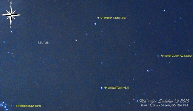 Gambar 4. Komet C/2014 Q2 Lovejoy bersama dengan gugus bintang Pleiades atau Tujuh Dara. Diabadikan dengan Nikon D60 dan diolah dengan GIMP 2. Sumber: Sudibyo, 2015. 