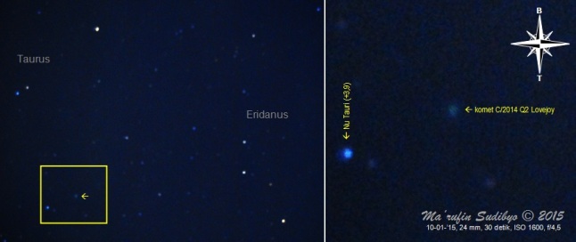 Gambar 3. Kiri: komet C/2014 Q2 Lovejoy (tanda panah) dalam citra bidang lebar rasi bintang Taurus dan Eridanus. Kanan: detil posisi komet dan bintang disekelilingnya, sebagai perbesaran dari kotak kuning dalam citra sebelah kiri. Diabadikan dengan Nikon D60 dan diolah dengan GIMP 2. Sumber: Sudibyo, 2015. 
