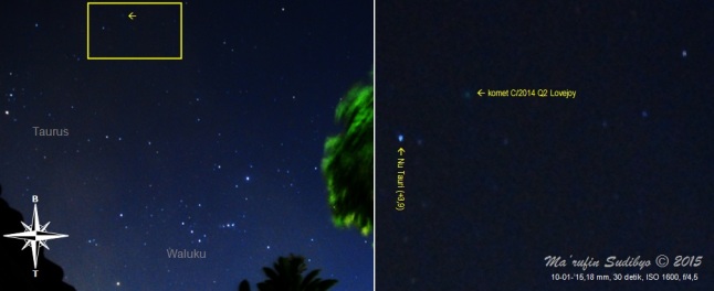Gambar 2. Komet C/2014 Q2 Lovejoy dalam observasi hari kedua dalam kondisi langit sempurna. Kiri: kedudukan komet (tanda panah) dalam citra bidang lebar rasi bintang Taurus dan Waluku. Kanan: detil posisi komet dan bintang disekelilingnya, sebagai perbesaran dari kotak kuning dalam citra sebelah kiri. Diabadikan dengan Nikon D60 dan diolah dengan GIMP 2. Sumber: Sudibyo, 2015. 