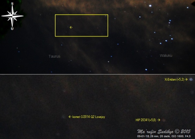Gambar 1. Komet C/2014 Q2 Lovejoy dalam observasi hari pertama di tengah gelimang cahaya Bulan pasca purnama dan awan-awan tipis yang berarak-arak. Atas: kedudukan komet (tanda panah) dalam citra bidang lebar rasi bintang Taurus dan Waluku. Bawah: detil posisi komet dan bintang-bintang disekelilingnya, sebagai perbesaran dari kotak kuning dalam citra diatasnya. Diabadikan dengan Nikon D60 dan diolah dengan GIMP 2. Sumber: Sudibyo, 2015. 