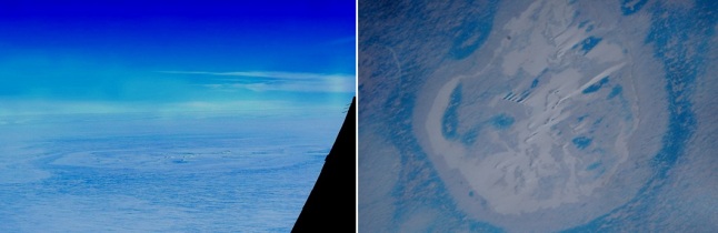 Gambar 5. Struktur melingkar unik berdimensi sekitar 2.000 meter yang terletak di lepas pantai Putri Ragnhild, bagian dari daratan Ratu Maud, Antartika bagian timur. Diabadikan dari samping (kiri) dan atas (kanan) dengan pesawat Polar 6 milik Alfred Wegener Institute. Sumber: AWI, 2014. 