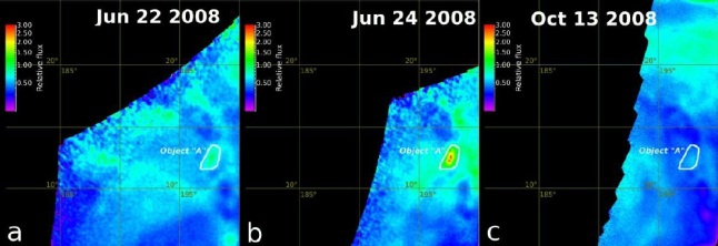 Gambar 5. Dinamika pancaran panas di Obyek A dalam pantauan kamera VMC Venus Express antara Juni hingga Oktober 2008 TU. Obyek A adalah salah titik yang diduga merupakan gunung berapi di dalam lembah retakan Ganiki Chasma. Sumber: Shalygin dkk, 2015. 
