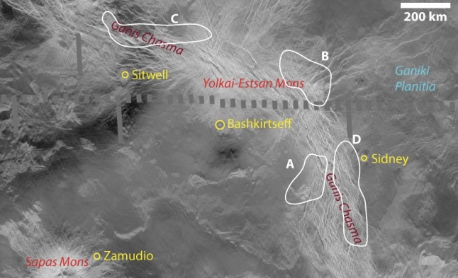 Gambar 6. Keempat titik yang diduga gunung berapi aktif dalam lembah retakan Ganiki Chasma. Masing-masing Obyek A, Obyek B, Obyek C dan Obyek D. Sumber: Shalygin dkk, 2015. 
