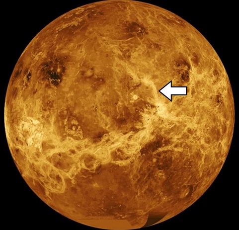 Gambar 3.  Permukaan Venus, diproyeksikan dalam globe, berdasarkan citra radar wahana antariksa takberawak Magellan. Tanda panah menunjukkan kawasan Alta Regio. Sumber: NASA, 1994. 