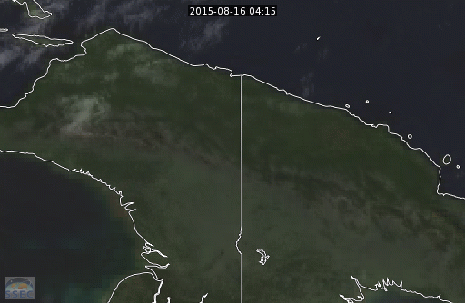 Gambar 4. Citra satelit cuaca dalam kanal inframerah untuk pulau Irian pada 16 Agustus 2015 TU antara pukul 04:00 hingga 06:00 UTC (13:00 hingga 15:00 WIT). Nampak Pegunungan Jayawijaya bagian timur ditutupi awan tipis hingga ke dataran rendah di sisi selatannya. Sumber: RealEarth, 2015. 