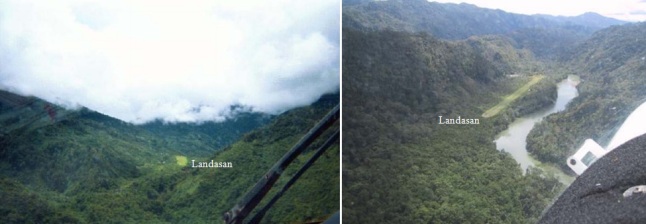 Gambar 7. Contoh landasan udara khas yang hanya dijumpai di kawasan Pegunungan Jayawijaya, pulau Irian. Mulai dari landasan pendek miring pada elevasi cukup tinggi dan dipagari bukit-bukit yang puncaknya kerap tertutupi awan (kiri). Hingga landasan yang terletak dalam lembah antar pegunungan di tepi sungai (kanan). Sumber: KNKT, 2010. 