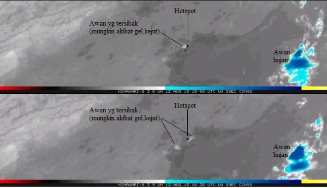 Gambar 5. Ledakan dahsyat Tianjin seperti teramati dari satelit cuaca Himawari-8 pada kanal 3,9 mikron dalam selisih waktu 40 menit. Terlihat hotspot (titik-panas) yang menunjukkan lokasi ledakan. Juga awan yang terlihat menyibak menjauhi hotspot , mungkin akibat dorongan gelombang kejut ledakan. Sumber: JMA, 2015. 