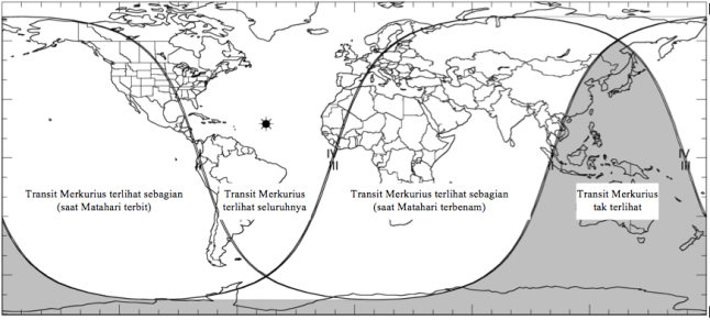 Gambar 4. Peta wilayah Transit Merkurius 2016 dalam lingkup global. Wilayah transit ditandai dengan warna putih. Angka-angka I, II, III dan IV menunjukkan garis kontak I, kontak II, kontak III dan kontak IV. Sumber: Espenak, 2016. 