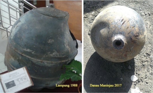 Gambar 3. Perbandingan antara BJA (benda jatuh antariksa) komponen roket Soyuz A-2/SL-4 (Russia) di Lampung 16 April 1988 TU (kini tersimpan di Bandung) dengan benda logam aneh yang jatuh di tepi Danau Maninjau 18 Juli 2017 TU. Analisis lebih lanjut mengindikasikan benda logam aneh di tepi Danau Maninjau adalah BJA juga. Sumber: Sudibyo, 2013 & Andri Piliang, 2017.
