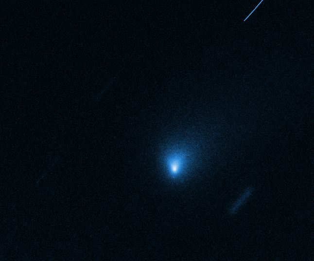 Gambar 3. Wajah komet Borisov melalui teleskop landas antariksa Hubble pada 12 Oktober 2019 TU lalu. Nampak komet Borisov, komet yang berasal dari luar tata surya namun bersifat selayaknya komet asli tata surya umumnya. Sumber: NASA, 2019. 