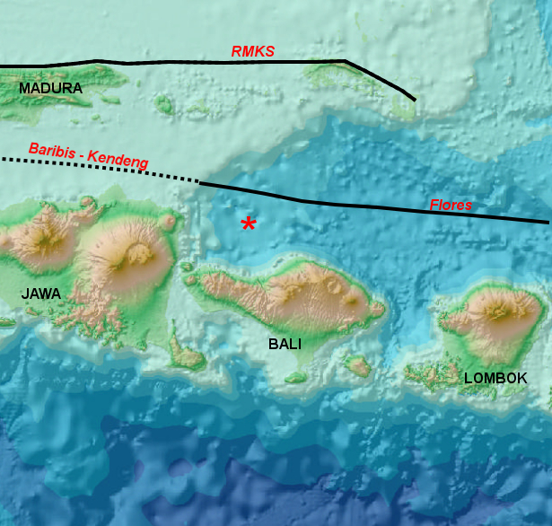 Gambar 2. Peta batimetri dan topografi Pulau Jawa, Pulau Bali, Pulau Lombok dan sekitarnya. Nampak sesar-sesar Flores, Baribis-Kendeng dan RMKS. Posisi reruntuhan kapal selam KRI Nanggala (402) dinyatakan dalam (*). Sumber : Sudibyo, 2021 diadaptasi dari GEBCO.