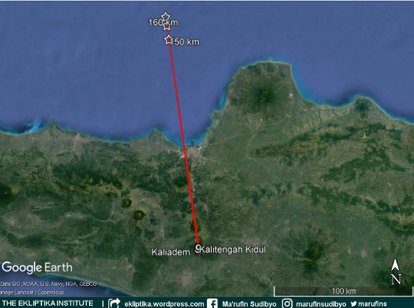 Gambar 4. Proyeksi kedudukan meteor-terang di paras Bumi sebagai hasil perpanjangan garis azimuth Kaliadem dan Kalitengah Kidul. Area proyeksi tersebut terletak di perairan Laut Jawa di sebelah selatan Kepulauan Karimunjawa. Sumber : Sudibyo, 2021.